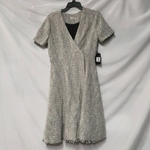Anthropologie Mo: Vint Tweed Wrap Dress Oatmeal Black V Neckline Size Medium - Picture 3 of 10